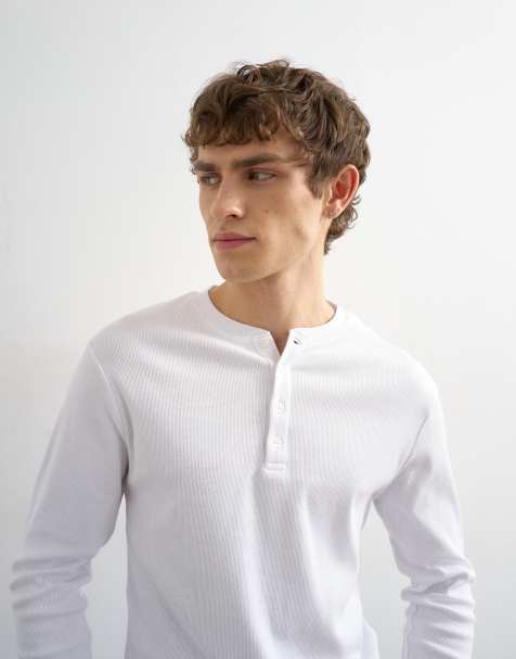 Topman slim fit long sleeve rib henley t-shirt in white - view 1