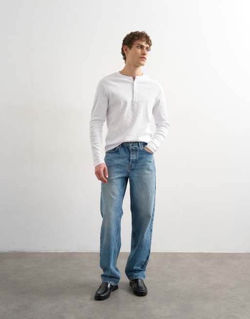 Topman slim fit long sleeve rib henley t-shirt in white, 2 of 5