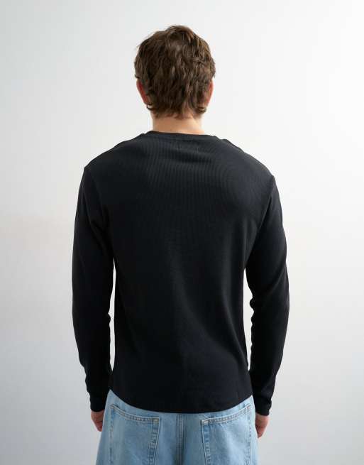 Topman slim fit long sleeve rib knit henley neck t-shirt in black, 3 of 5