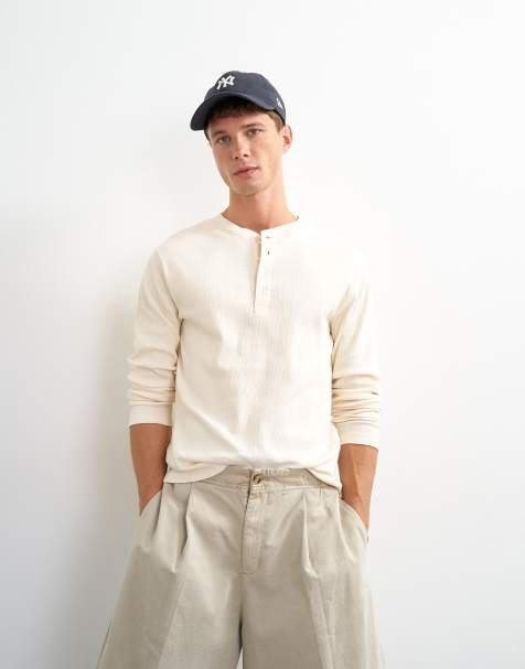 Topman slim fit long sleeve rib knit henley neck t-shirt in ecru - view 1