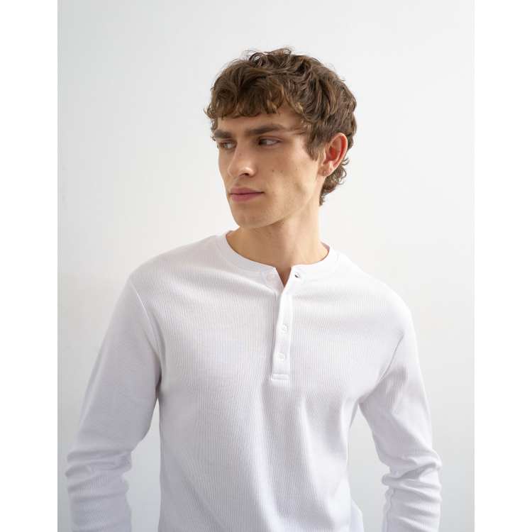 Topman slim fit long sleeve rib knit henley neck t-shirt in white