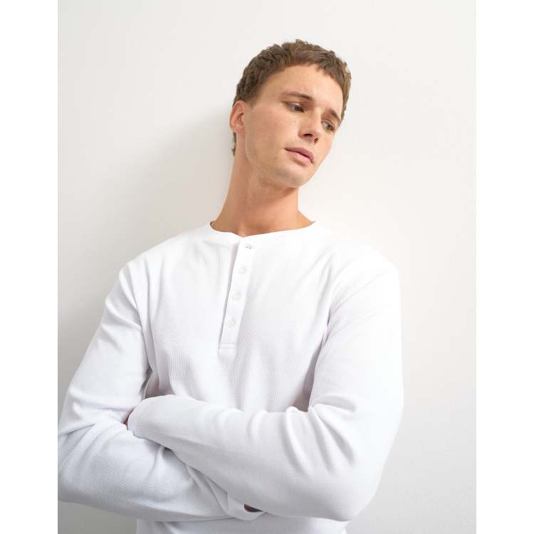 Topman slim fit long sleeve rib knit henley neck t-shirt in white