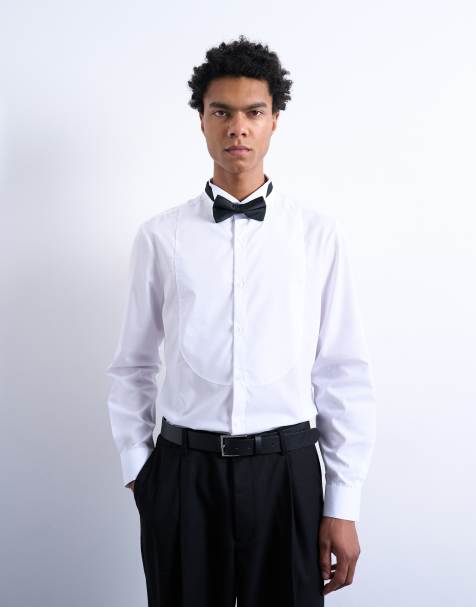 Topman slim fit long sleeve tuxedo shirt with bib in white - view 1