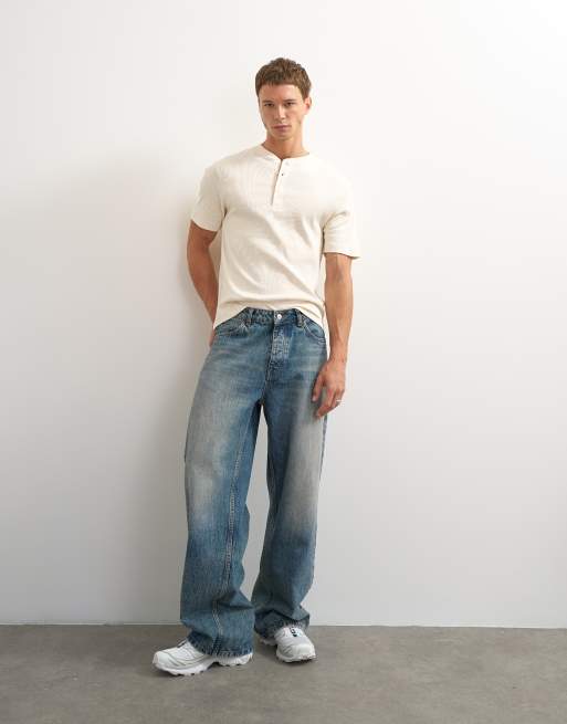 Topman slim fit rib henley T-shirt i råhvid, 3 af 7