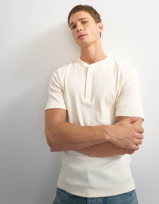 Topman slim fit rib henley T-shirt i råhvid, 5 af 7