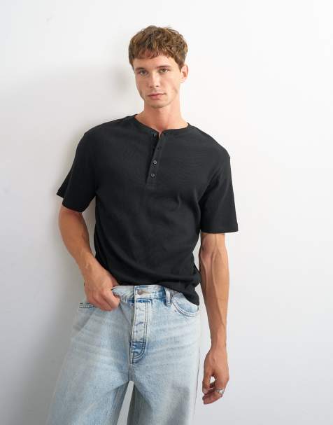 Topman slim fit rib henley t-shirt in black - view 1
