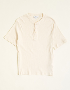 Model wearing Slim fit rib henley t-shirt in ecru