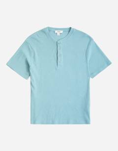 Model wearing Slim fit rib henley t-shirt in light blue