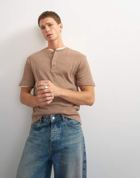 Topman slim fit rib henley t-shirt in light brown - view 1