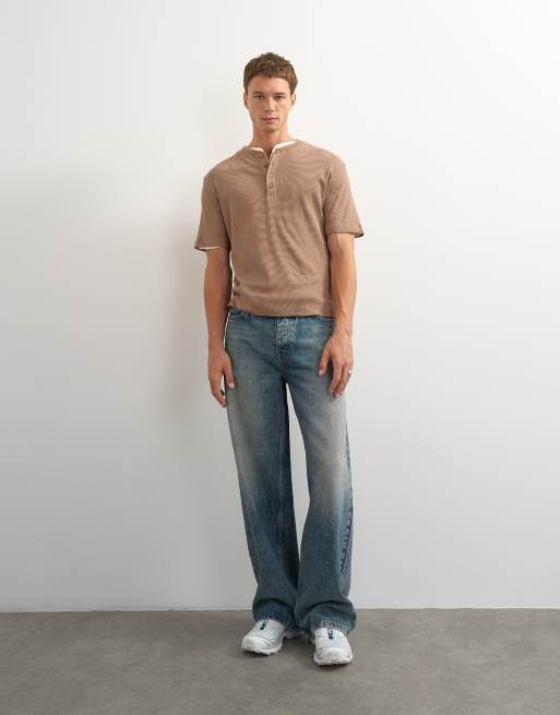 Topman slim fit rib henley t-shirt in light brown, 2 of 7