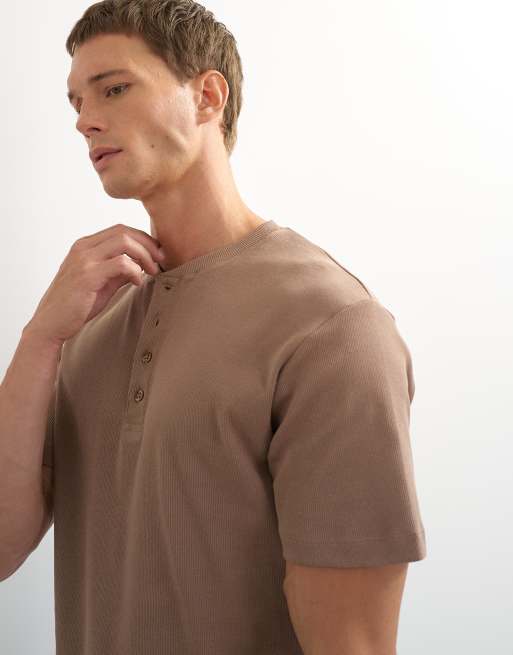 Topman slim fit rib henley t-shirt in light brown, 5 of 7