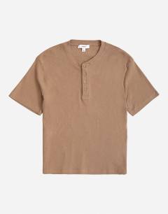 Model wearing Slim fit rib henley t-shirt in light brown