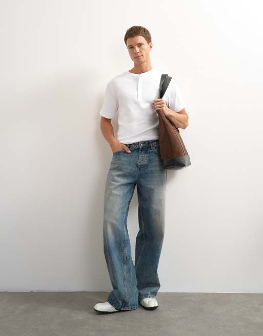 Topman slim fit rib henley t-shirt in white, 2 of 7
