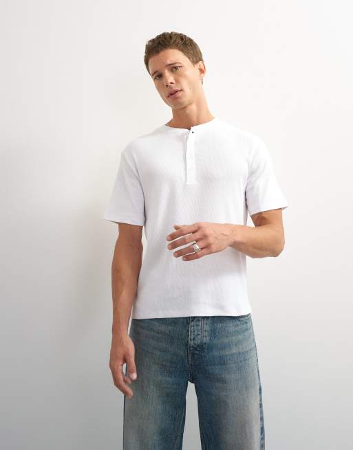 Topman slim fit rib henley t-shirt in white, 3 of 7