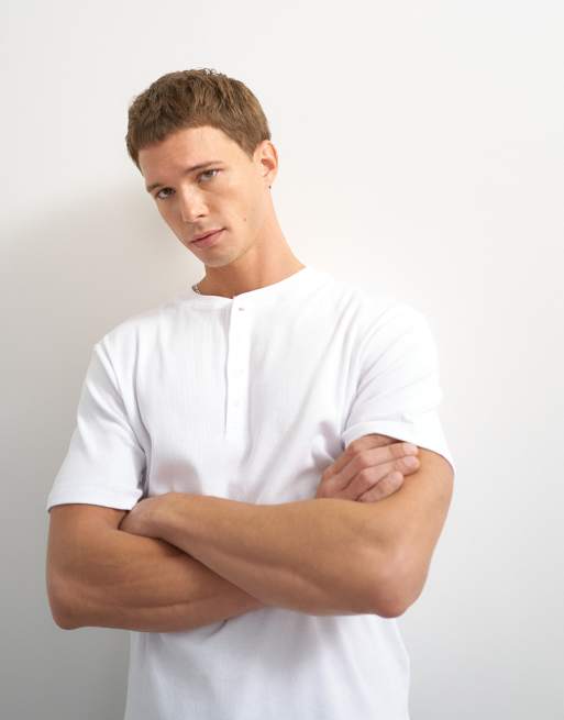 Topman slim fit rib henley t-shirt in white, 5 of 7