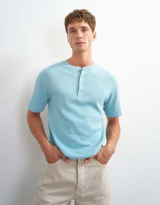 Topman Slim Fit Rib Knit Henley Neck T-shirt In Blue