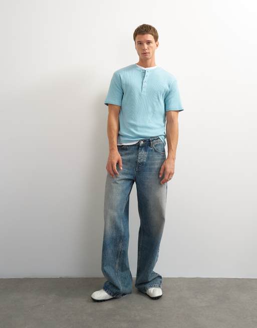 Topman slim fit rib knit henley neck t-shirt in light blue, 2 of 7
