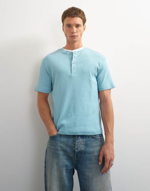 Topman slim fit rib knit henley neck t-shirt in light blue, 3 of 7