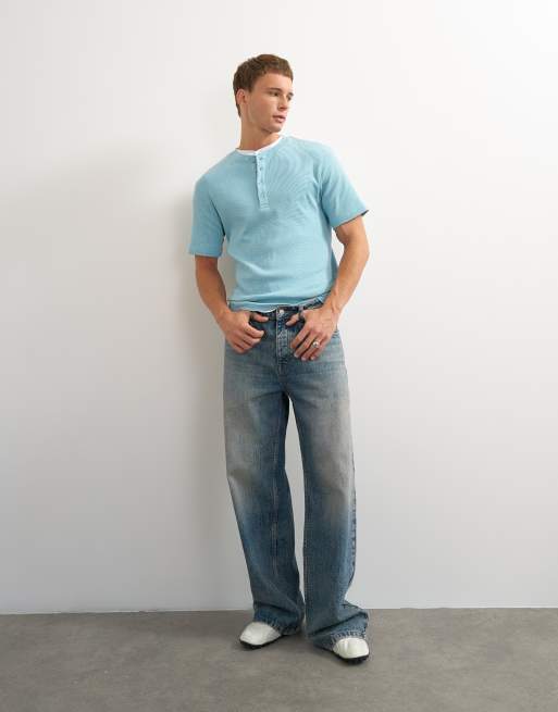 Topman slim fit rib knit henley neck t-shirt in light blue, 5 of 7