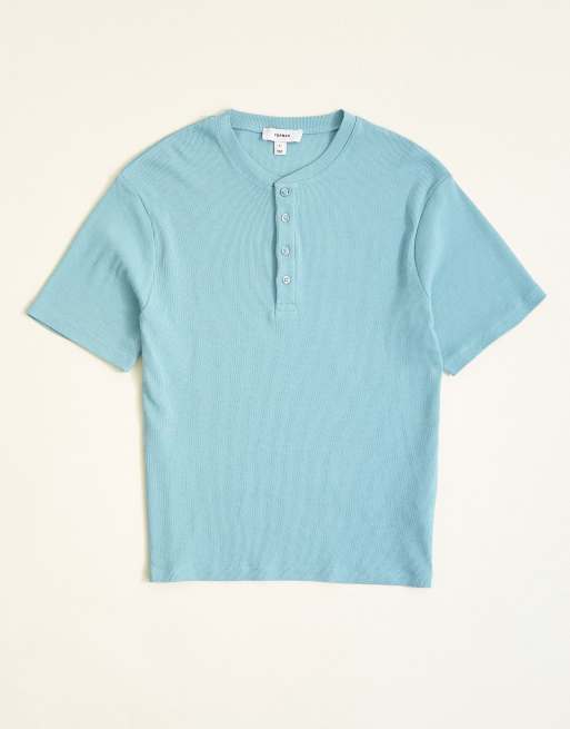 Topman slim fit rib knit henley neck t-shirt in light blue, 6 of 7
