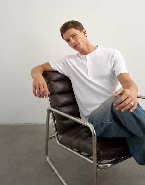 Topman slim fit rib knit henley neck t-shirt in white - view 1