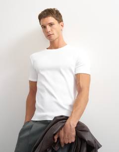 Model wearing Slim fit rib t-shirt in white