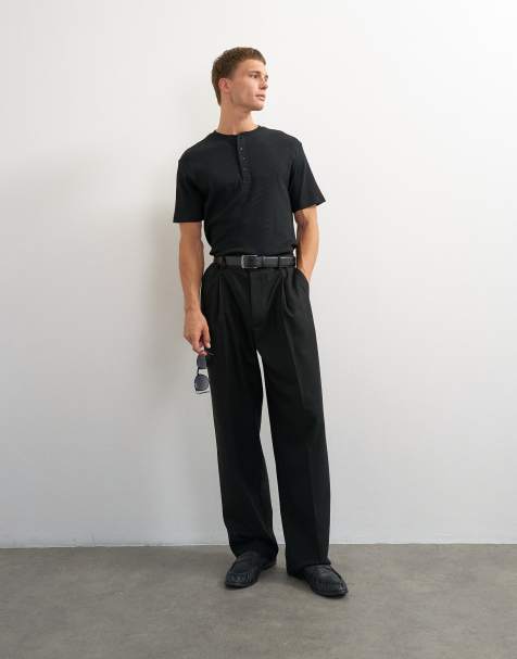 Topman slim fit ribbad henley-t-shirt i svart - view 1