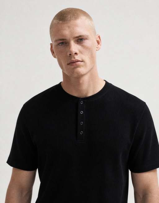 Topman slim fit ribbad henley-t-shirt i svart, 10 av 12