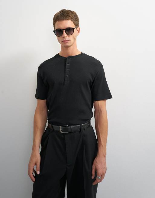 Topman slim fit ribbad henley-t-shirt i svart, 2 av 12