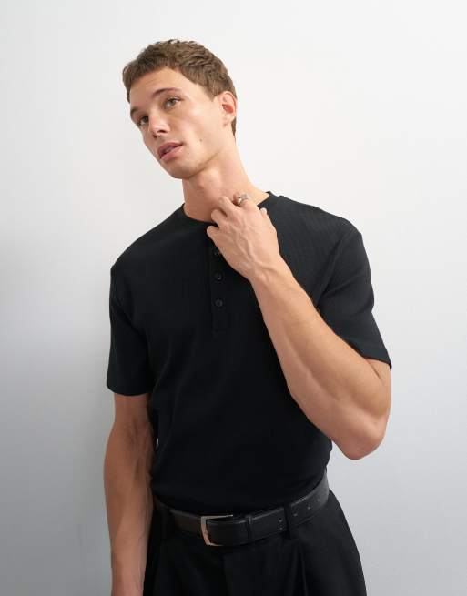 Topman slim fit ribbad henley-t-shirt i svart, 3 av 12