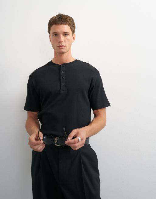 Topman slim fit ribbad henley-t-shirt i svart, 5 av 12