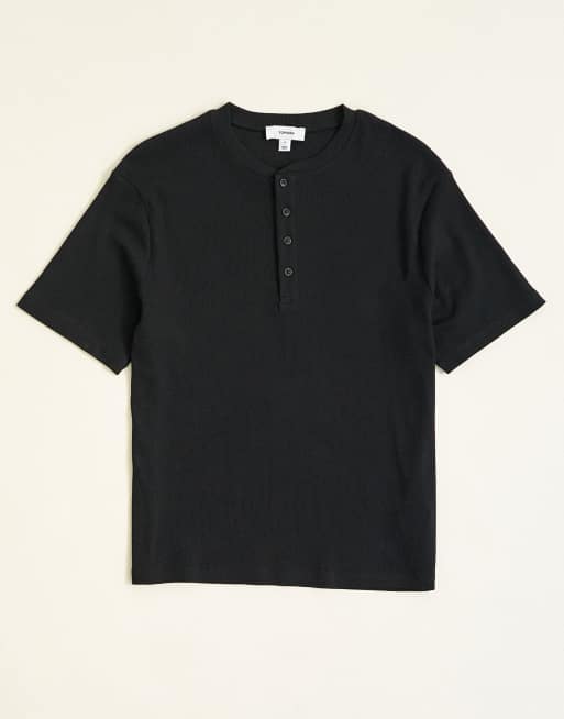 Topman slim fit ribbad henley-t-shirt i svart, 6 av 12