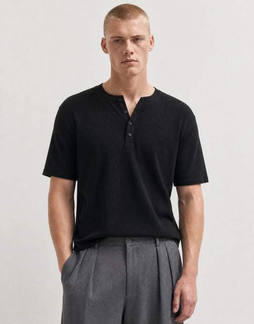 Topman slim fit ribbad henley-t-shirt i svart, 8 av 12