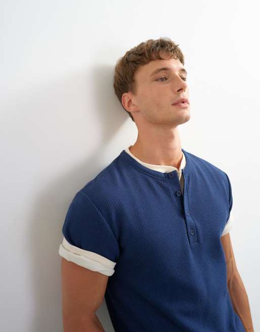 Topman slim fit short sleeve waffle henley in navy, 4 of 5