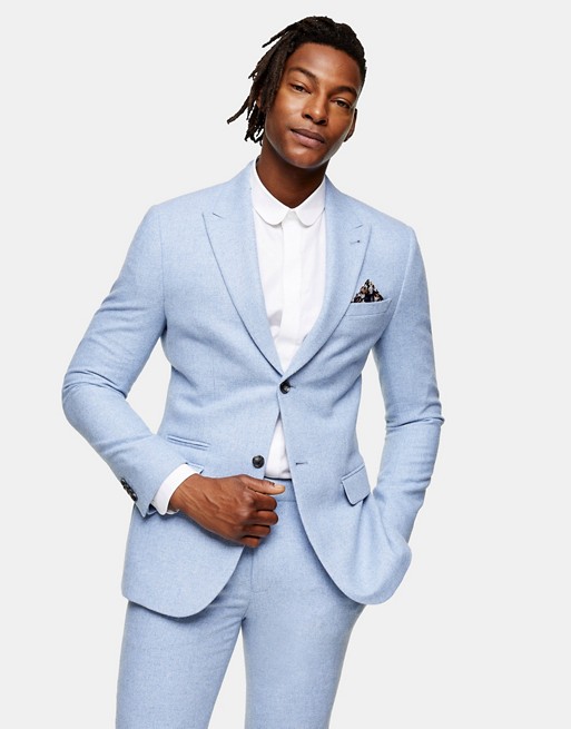 Topman sling single breasted suit jacket in light blue texture