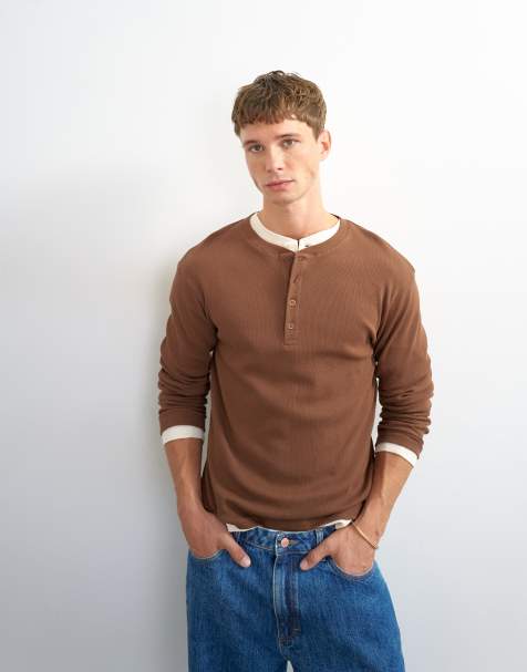 Topman slim-fit T-shirt met lange mouwen en ribstructuur in bruin - view 1