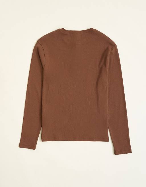 Topman slim-fit T-shirt met lange mouwen en ribstructuur in bruin, 7 van 7