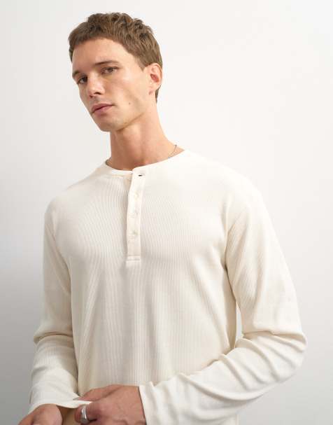 Topman slim-fit T-shirt met lange mouwen en ribstructuur in ecru - view 1