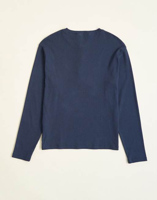 Topman slim-fit T-shirt met lange mouwen en ribstructuur in navy, 7 van 7