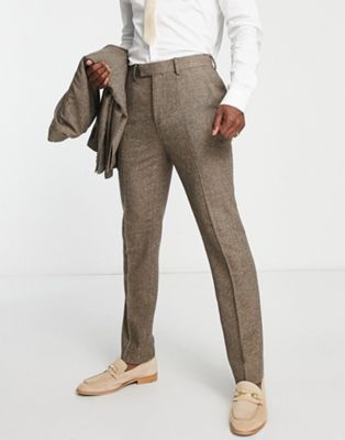 Topman slim herringbone wool mix warn handle suit trousers in brown - ASOS Price Checker