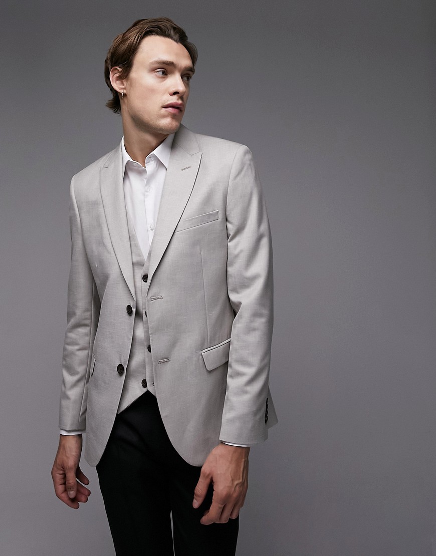 Topman slim linen blend suit jacket in stone-Neutral