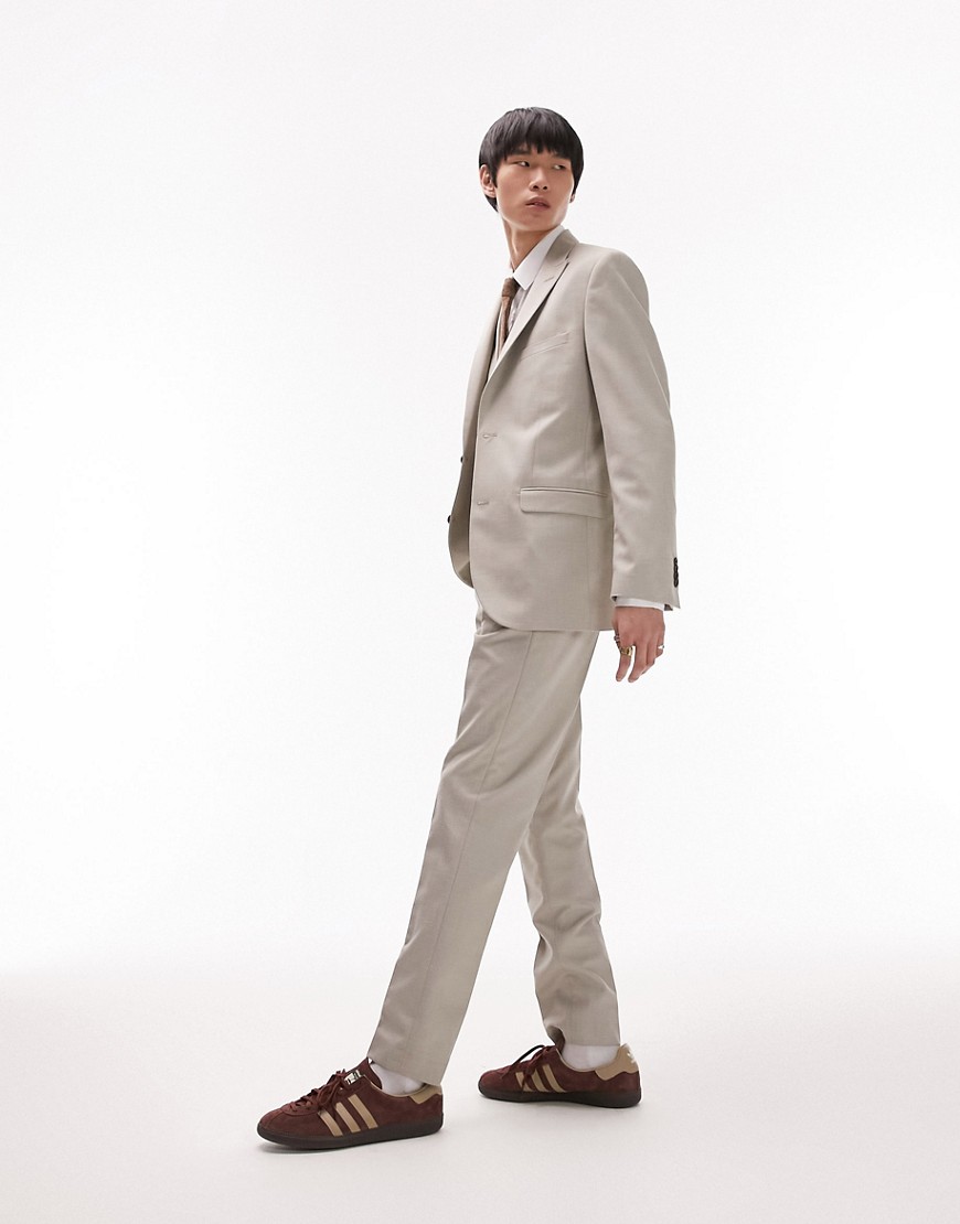 Topman slim linen blend suit trouser in stone-Neutral