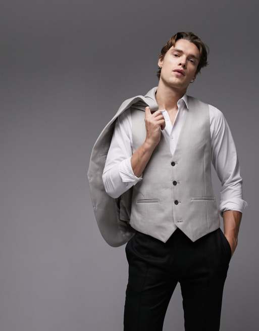 Topman slim linen blend waistcoat in stone ASOS
