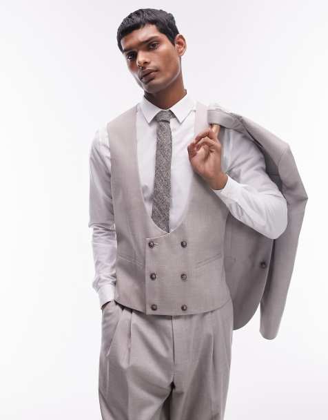 Topman slim linen blend waistcoat in stone - view 1