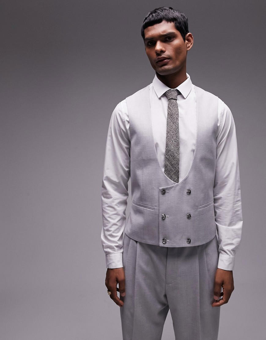 Topman Slim Linen Suit Vest In Gray