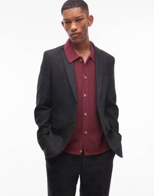 Topman Slim Salt And Pepper Wool Mix Suit Jacket In Black