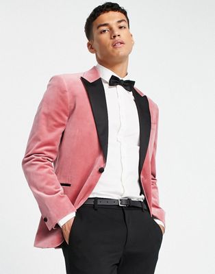 Topman slim single breasted blazer in pink velvet