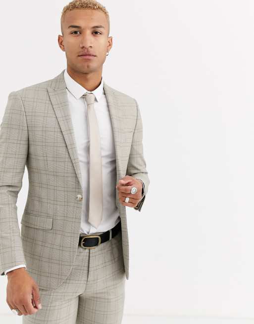 Topman slim suit jacket in stone check ASOS