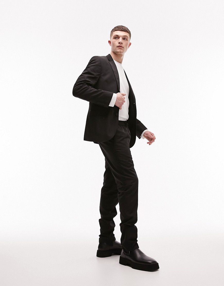 Topman slim suit trousers with elasticated waist in black