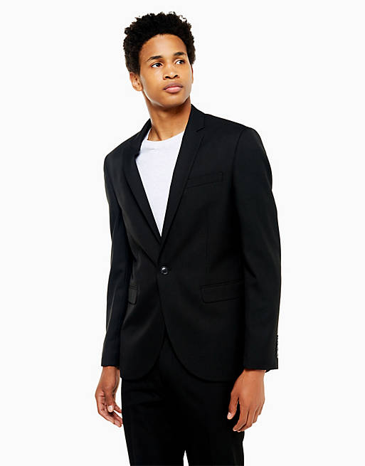 Topman slim textured suit jacket in black